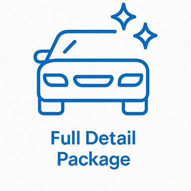 Blue icon of a car with sparkles, showing full-service car detailing

